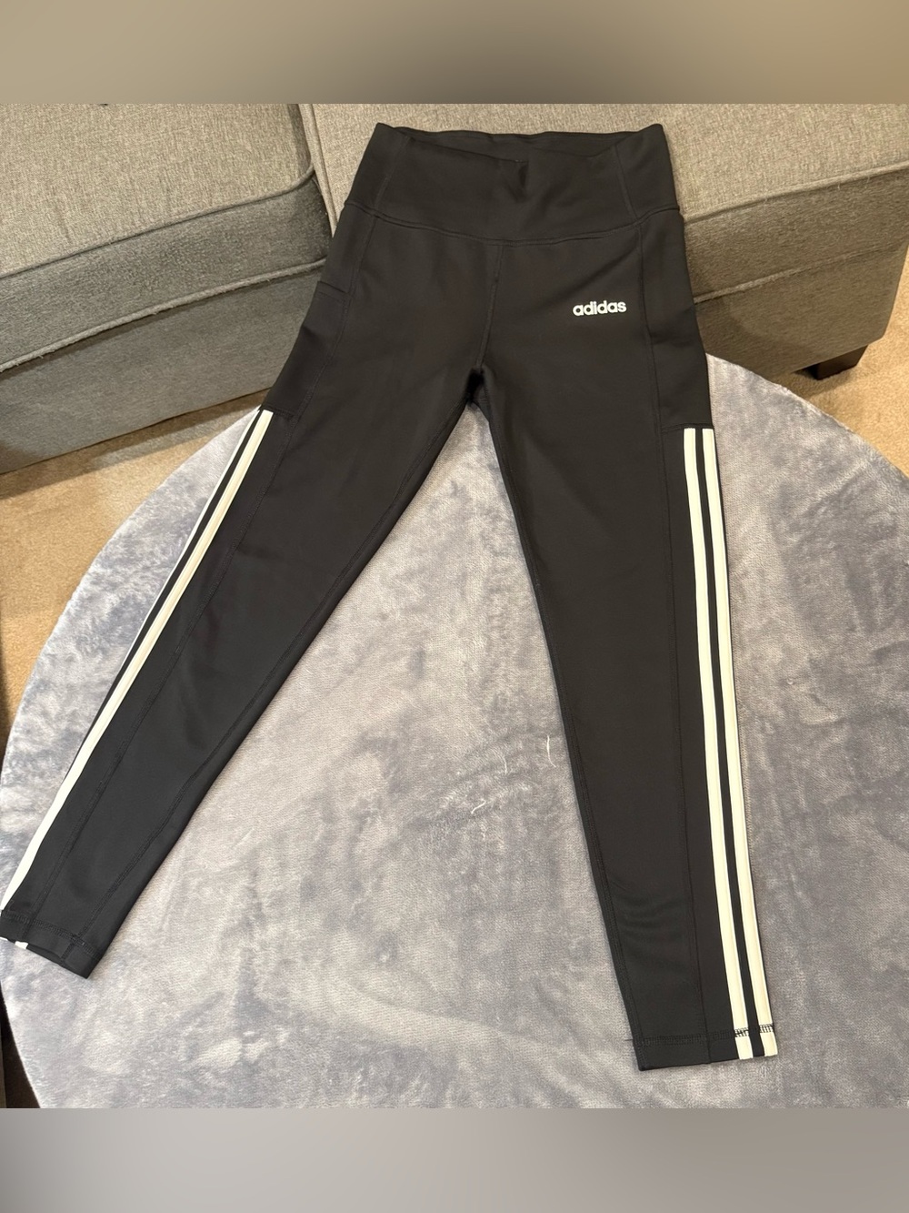 adidas Black Women’s Leggings with White Side Stripes - Size Medium